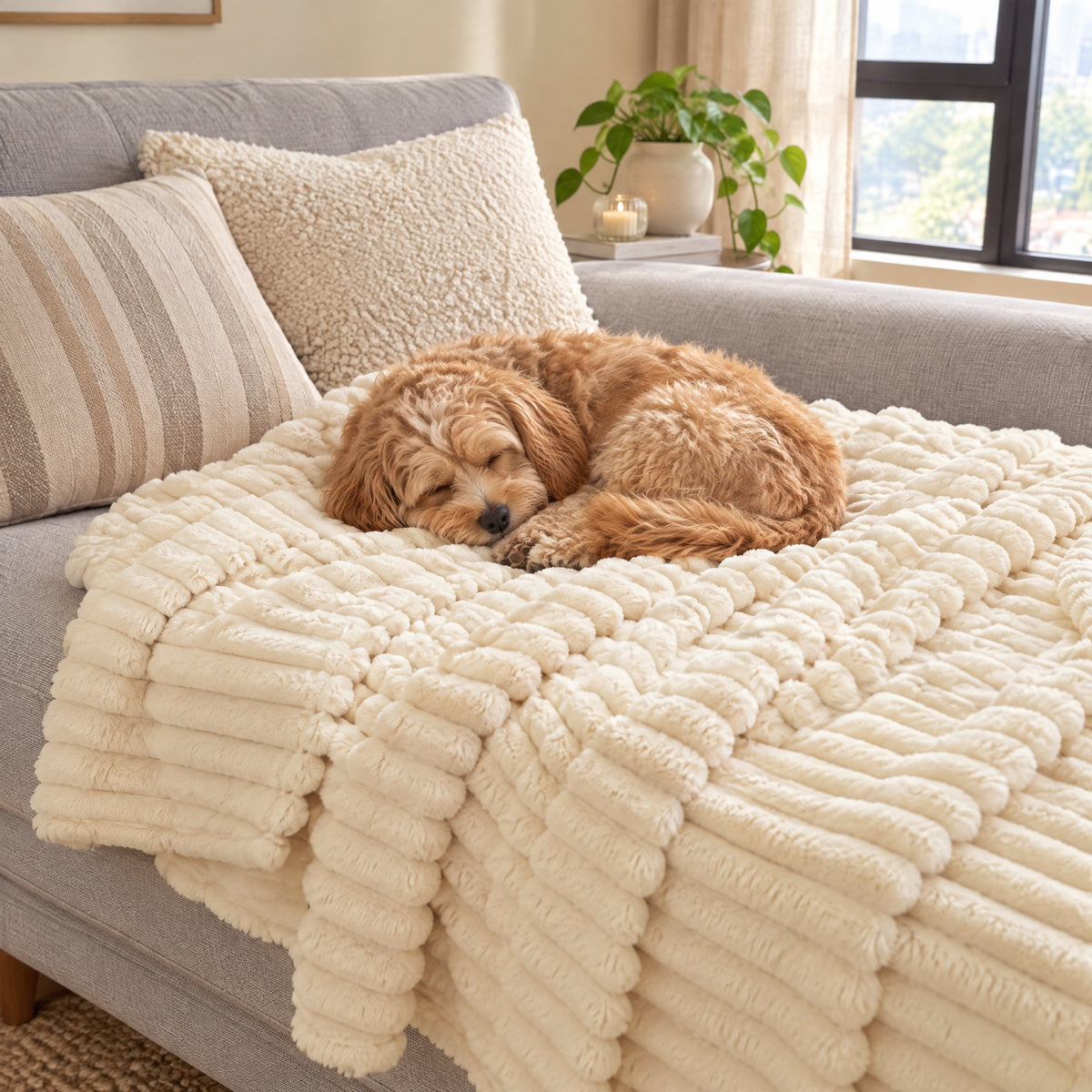 A small apricot dog curled up asleep on the Cream blanket spread over a gray sofa