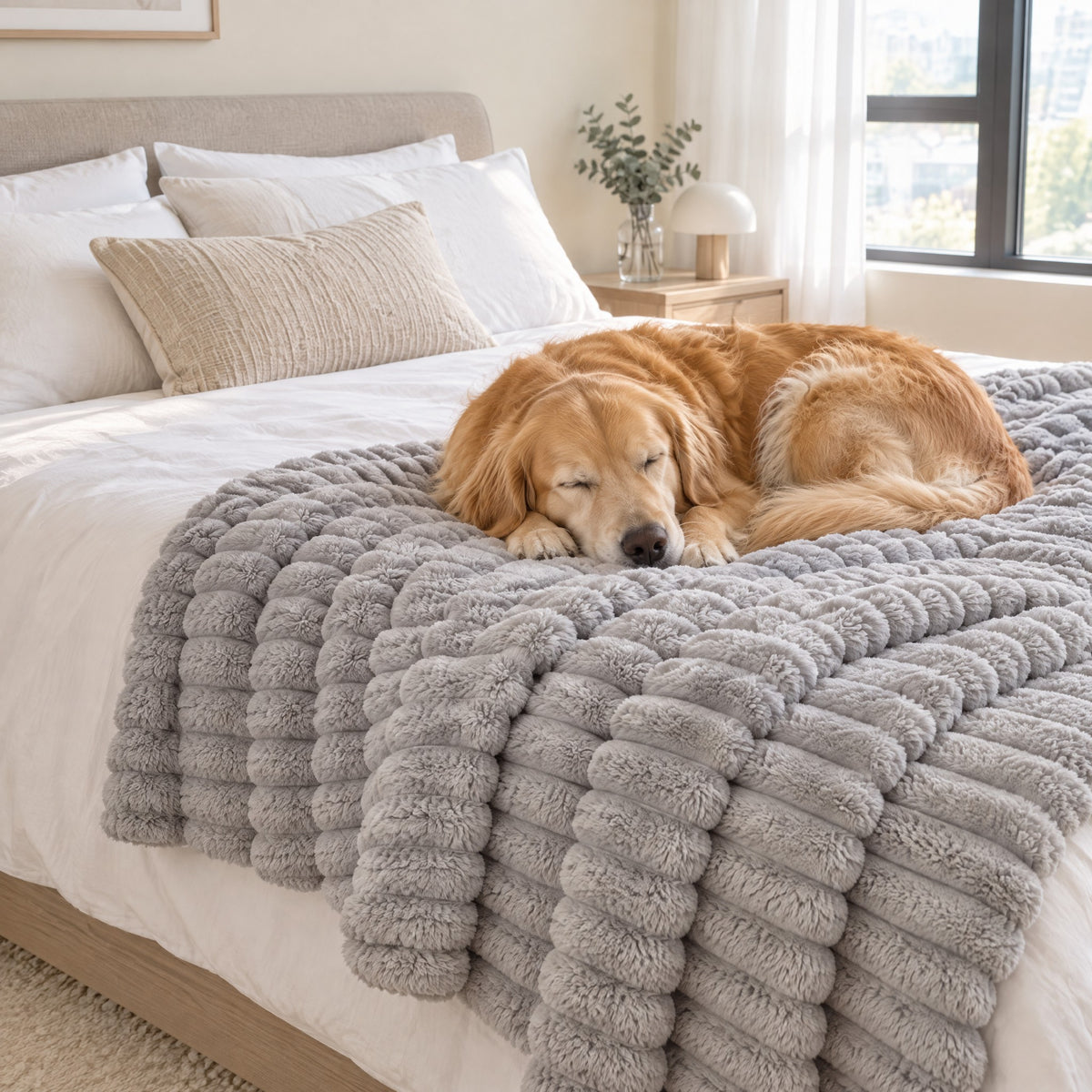 A golden retriever asleep on the Stone Gray blanket at the foot of a made bed