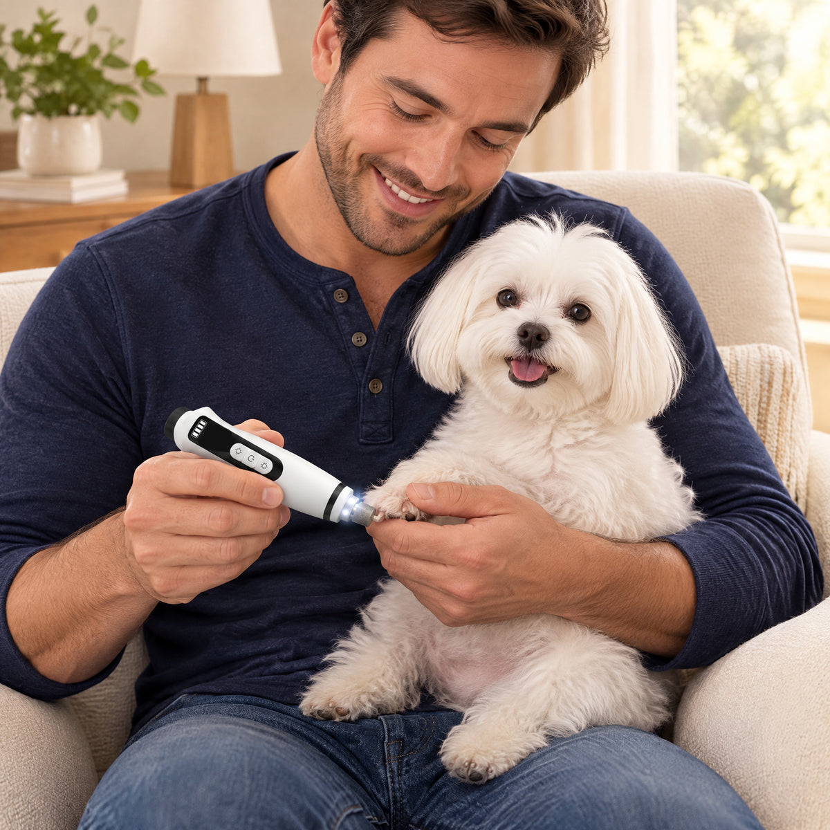 Man grinding a small Maltese dog's nail on his lap with the LED nail grinder