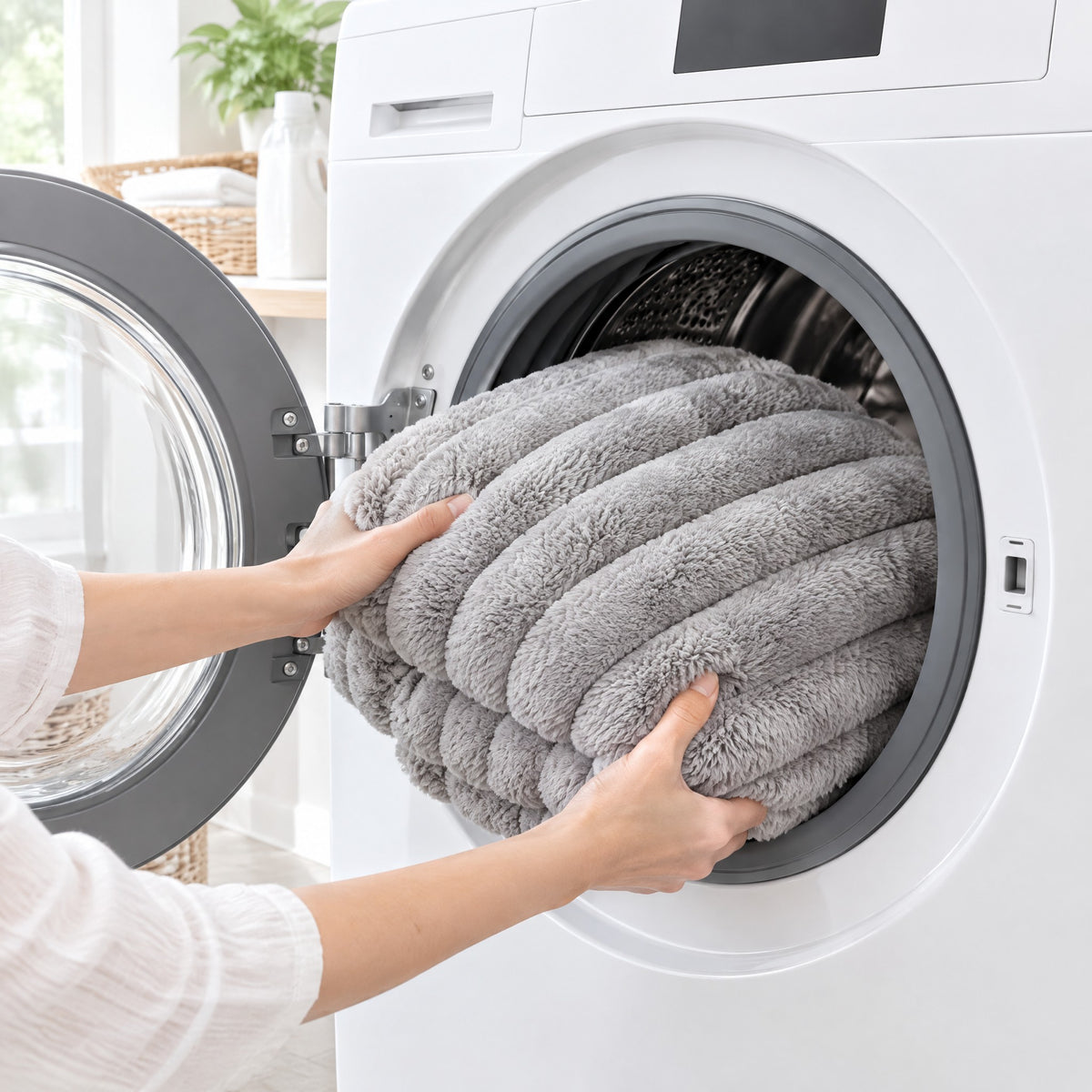 Putting the folded Stone Gray blanket into a front-loading washing machine
