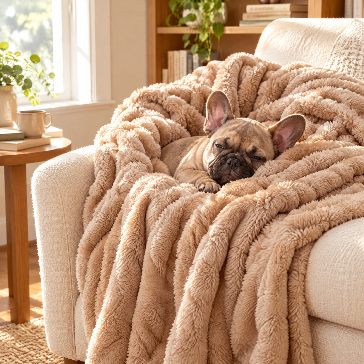 A French bulldog puppy snuggled into the Camel blanket on an armchair