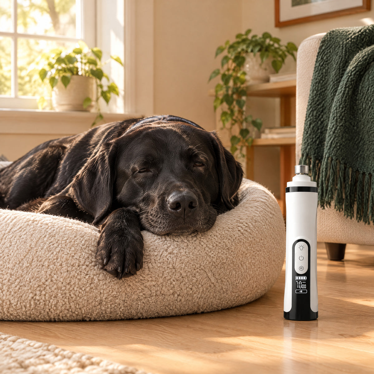 A black Labrador resting on his bed next to the nail grinder