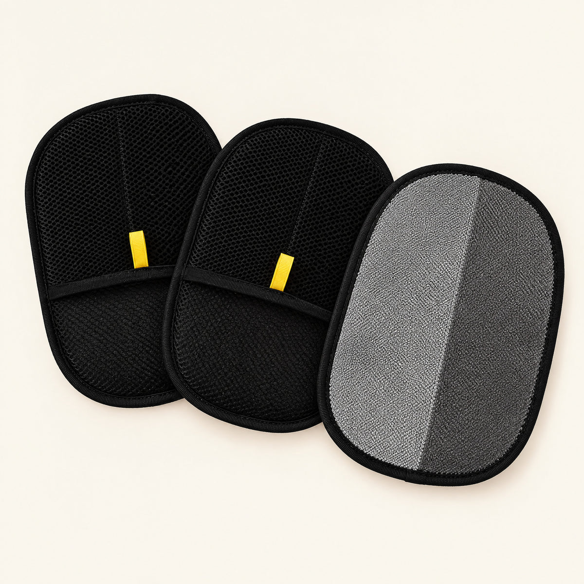 Three pet hair mitts, two showing the black mesh back and one the gray bristle front (3 Mitts pack)