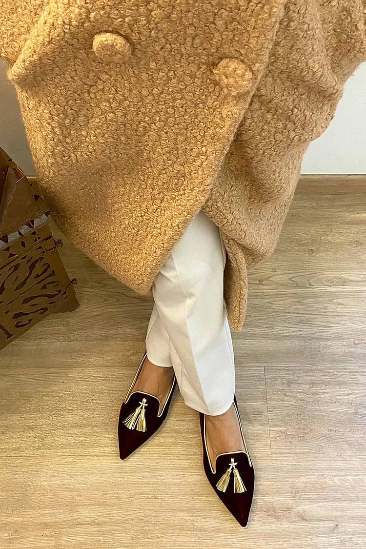 Abigail | Pointed Suede-Look Tassel Loafers, colour Black