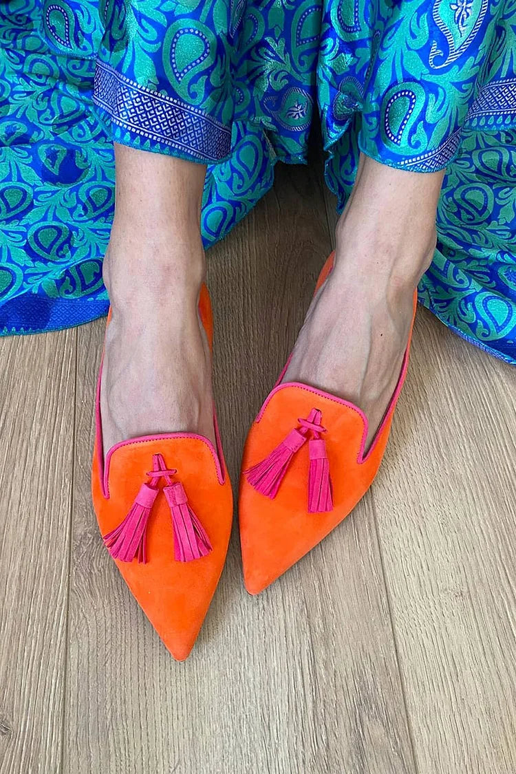 Abigail | Pointed Suede-Look Tassel Loafers, colour Orange
