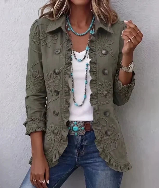 Agatha | Olive Floral Embroidered Ruffle Jacket, colour Olive Green