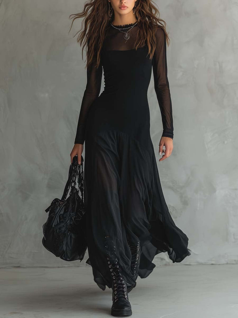 Ailsa | Black Sheer Sleeve Flowing Maxi Dress