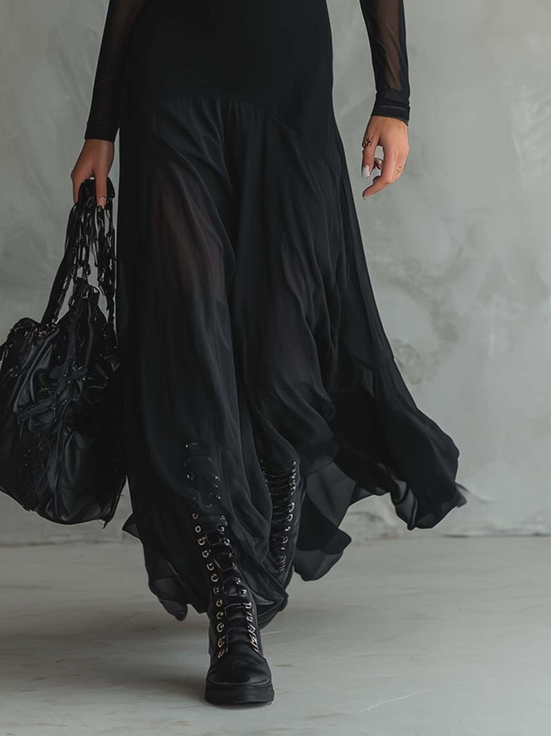 Ailsa | Black Sheer Sleeve Flowing Maxi Dress, colour Black