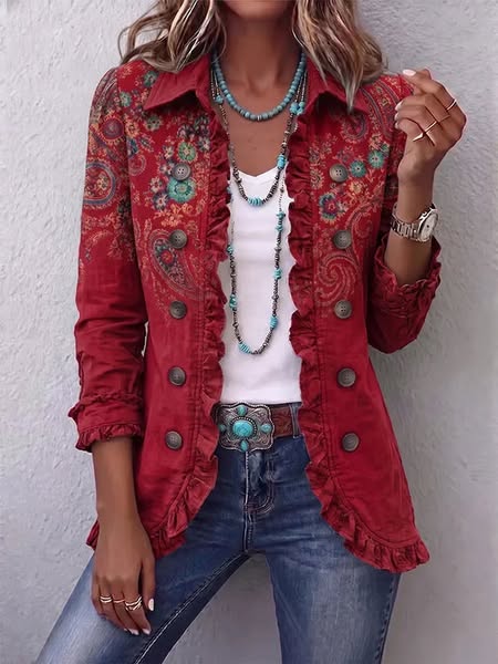 Albertine | Red Floral Paisley Ruffle Jacket, colour Red