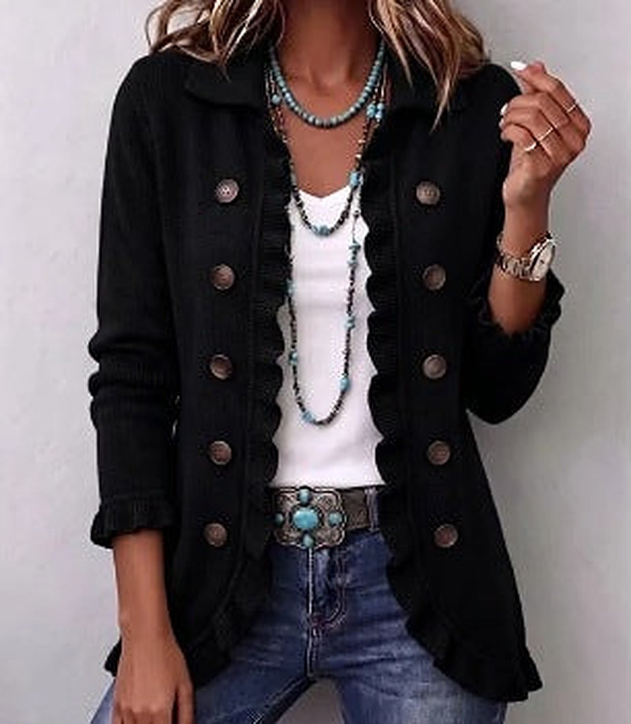 Allyson | Black Ribbed Knit Ruffle Jacket, colour Black