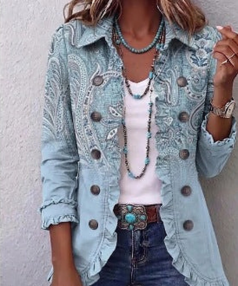 Angeline | Light Blue Paisley Ruffle Jacket, colour Light Blue