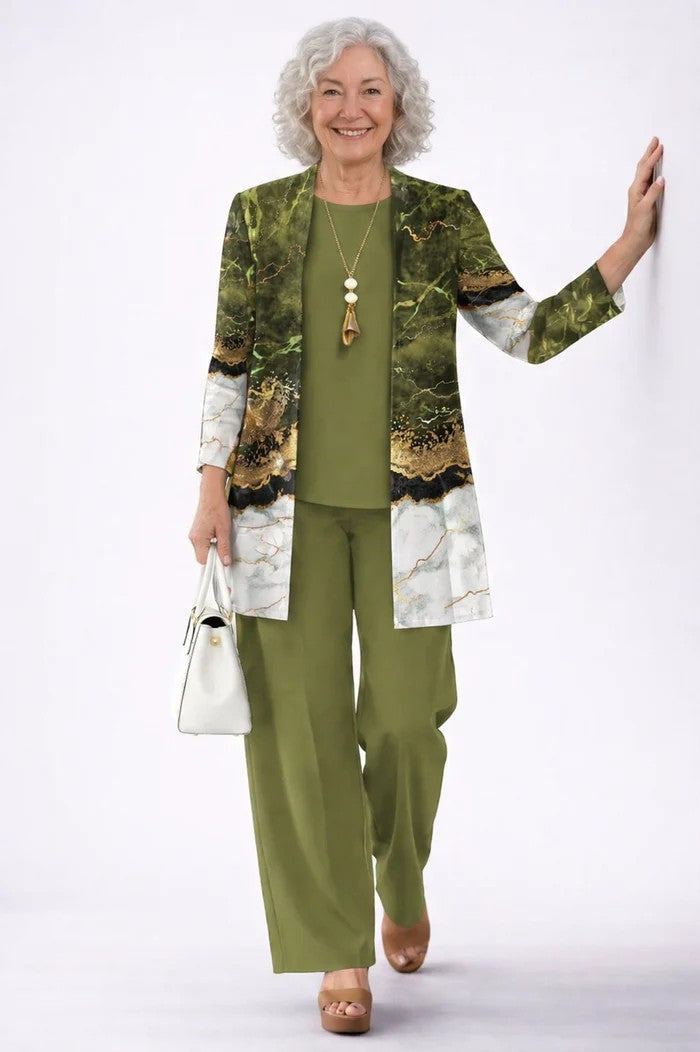 Anna | Printed Three-Piece Set, colour Olive Green