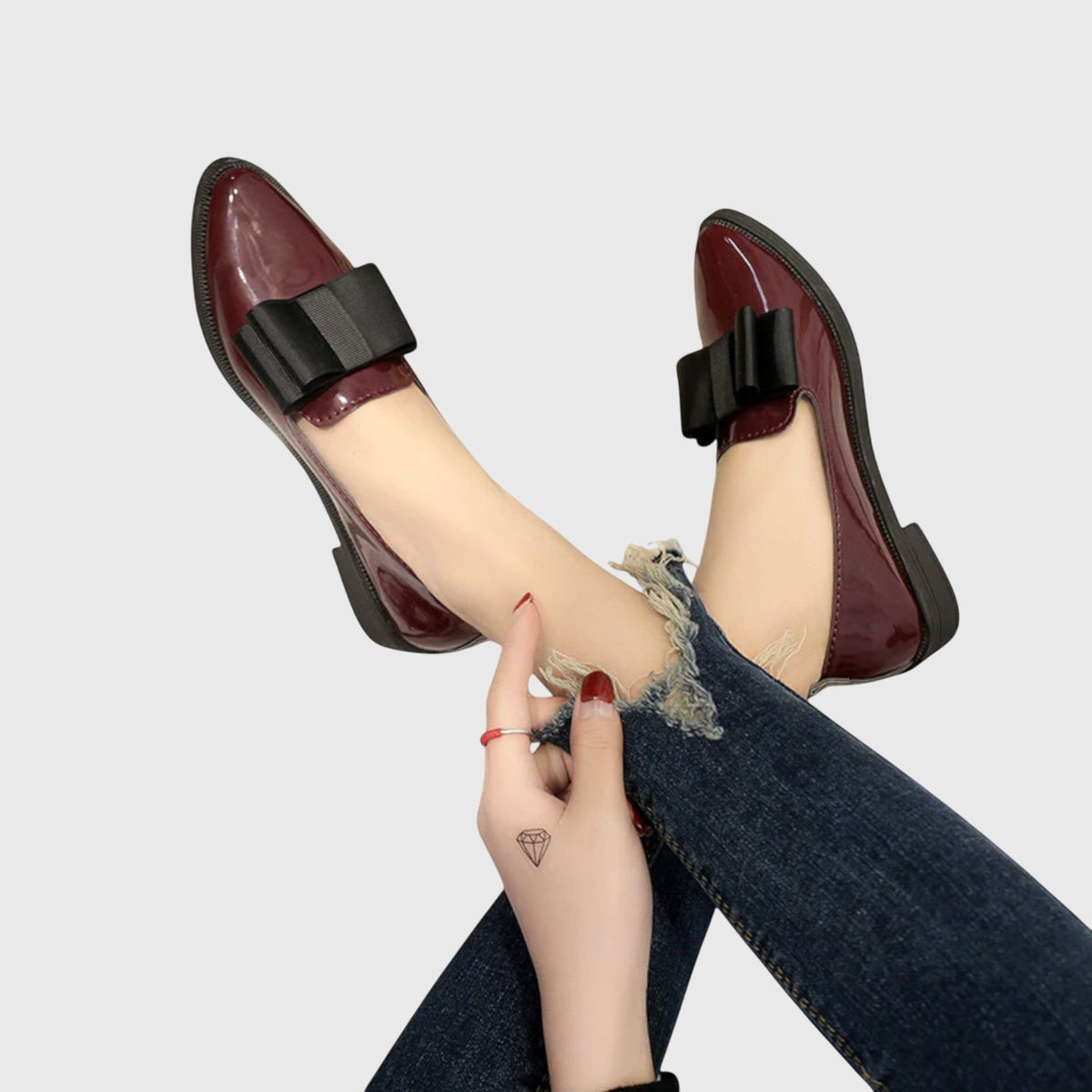 Anya | Pointed Patent Bow Flats, colour Burgundy