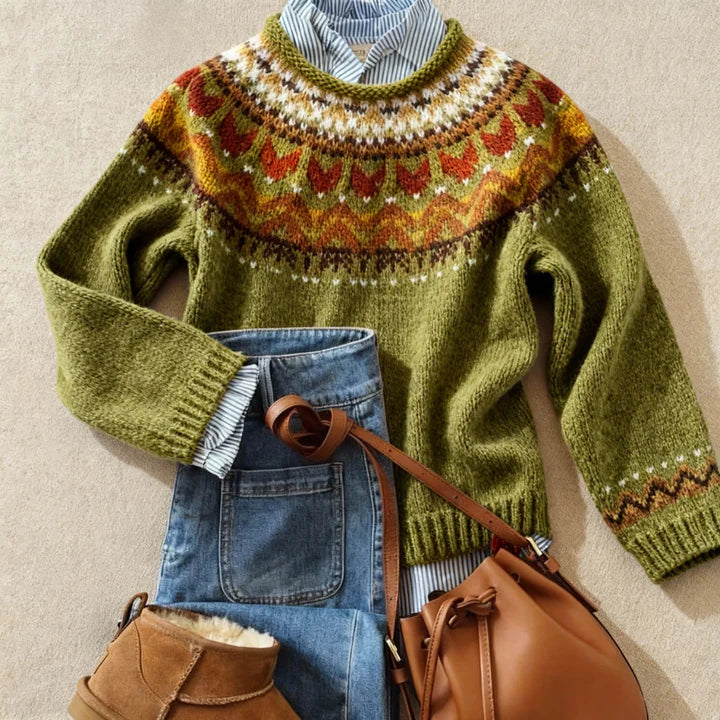 Araminta | Olive Fair Isle Jumper, colour Olive Green