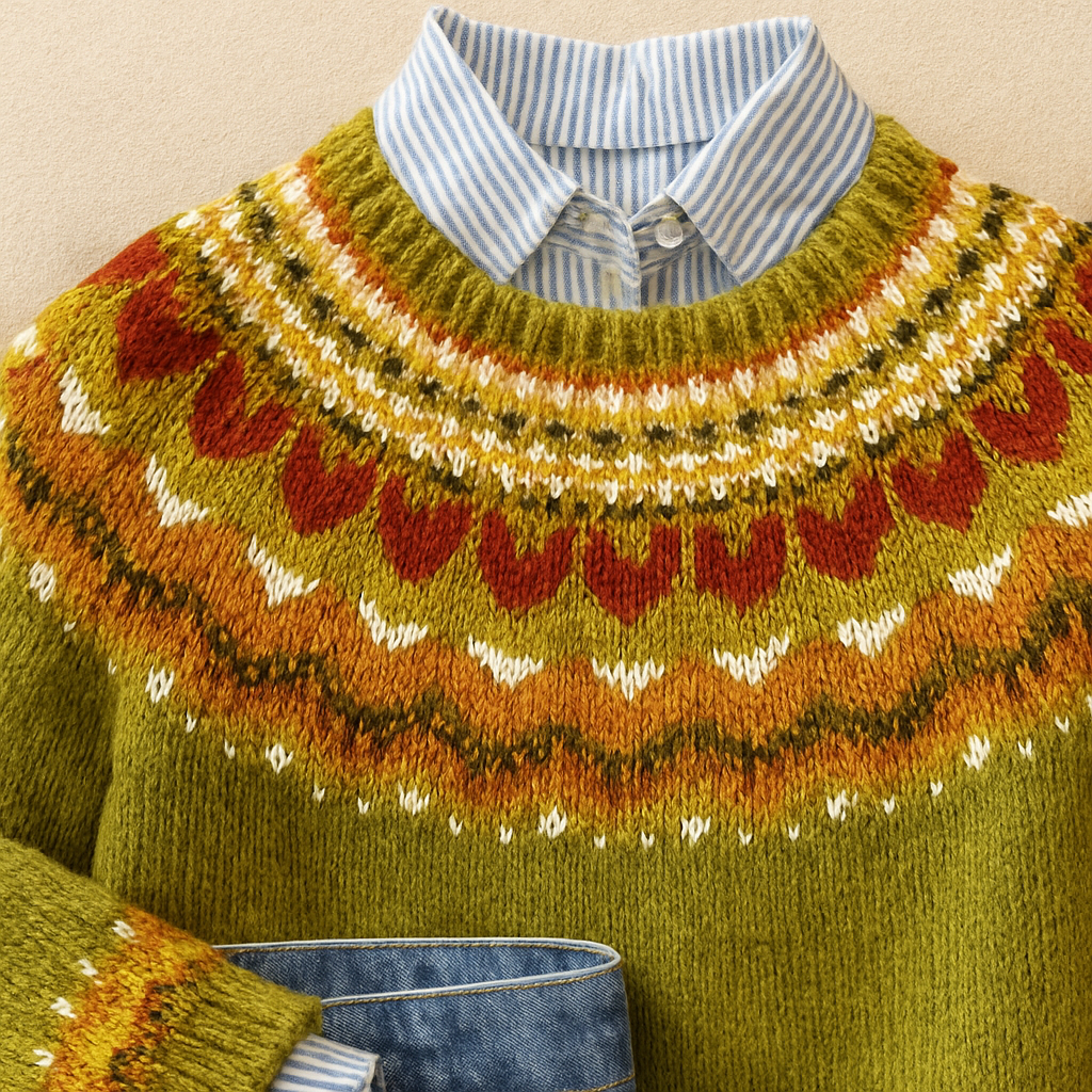 Araminta | Olive Fair Isle Jumper, colour Olive Green