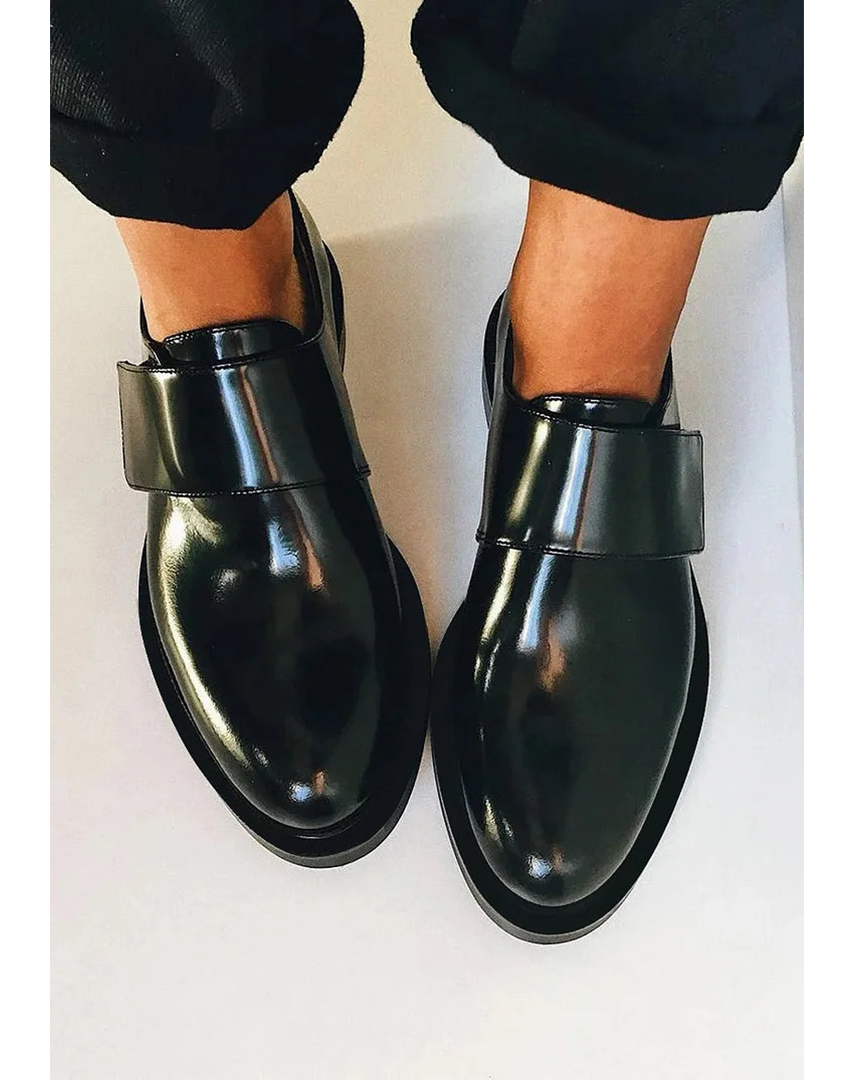 Arden | Black Glossy Strap Loafers, colour Black