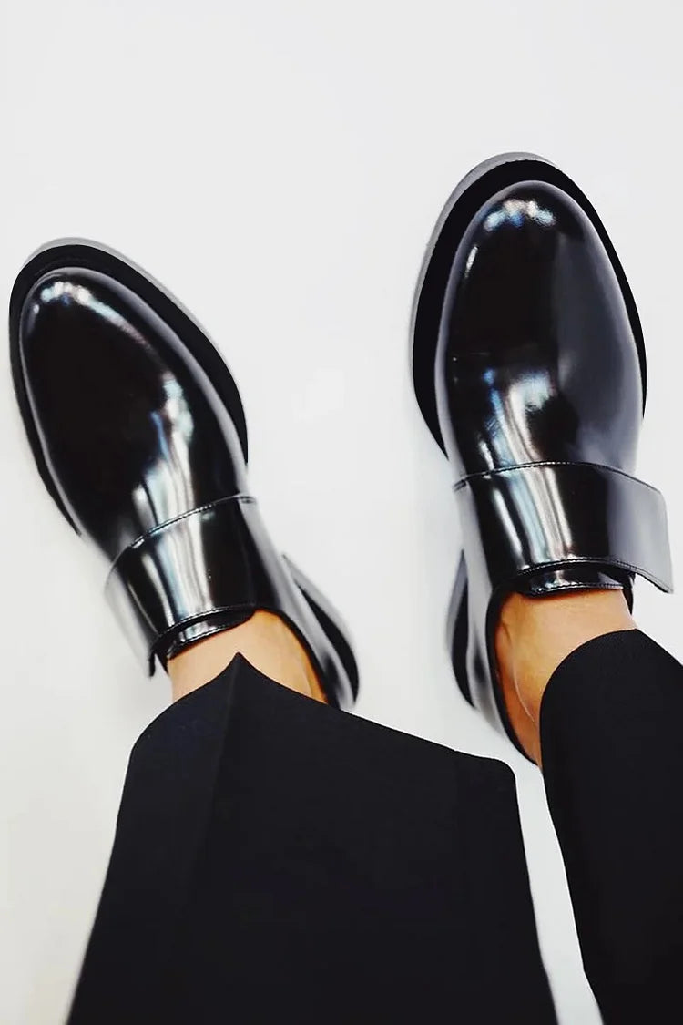 Arden | Black Glossy Strap Loafers, colour Black