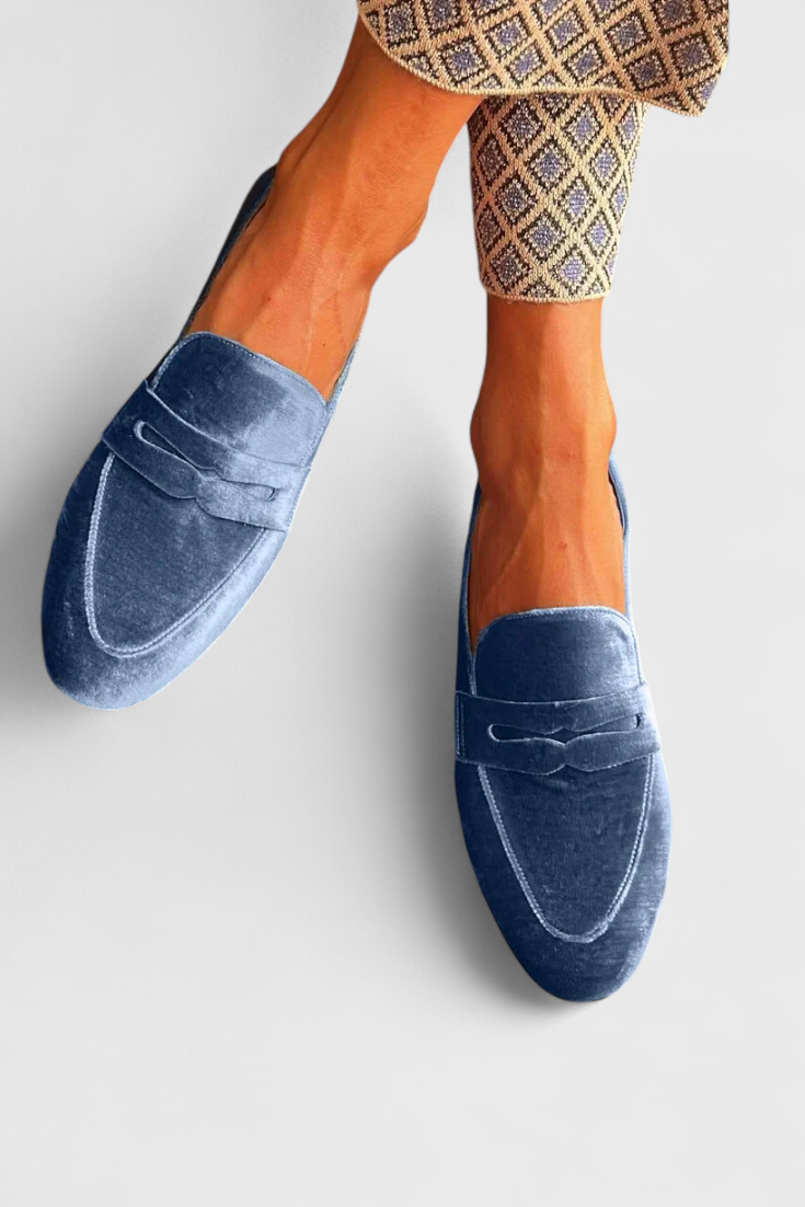 Astra | Blue Velvet-Look Penny Loafers