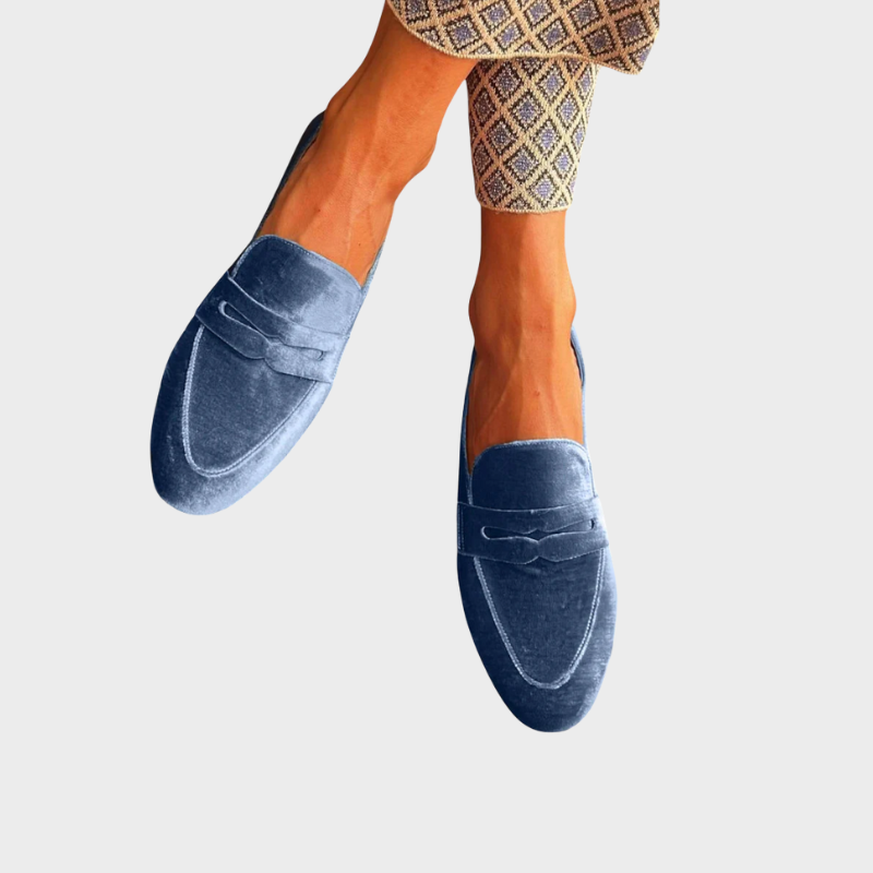 Astra | Blue Velvet-Look Penny Loafers, colour Blue