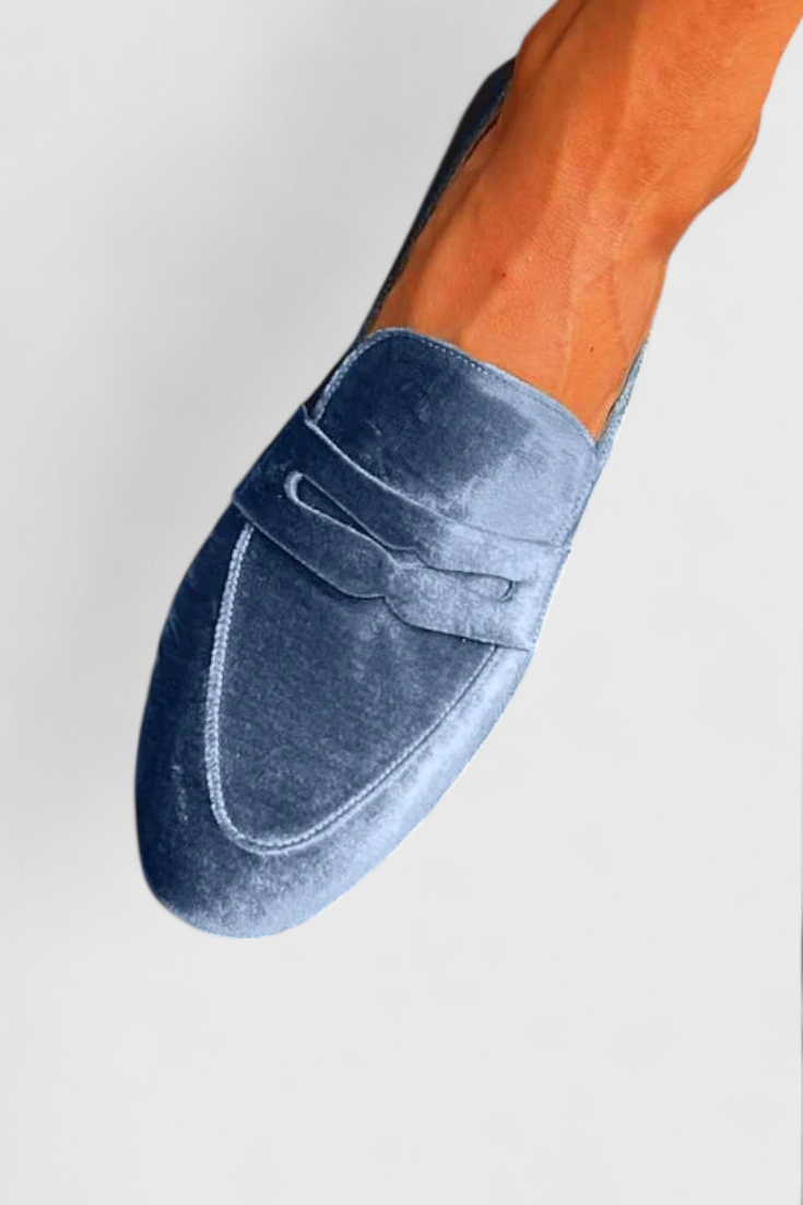Astra | Blue Velvet-Look Penny Loafers, colour Blue