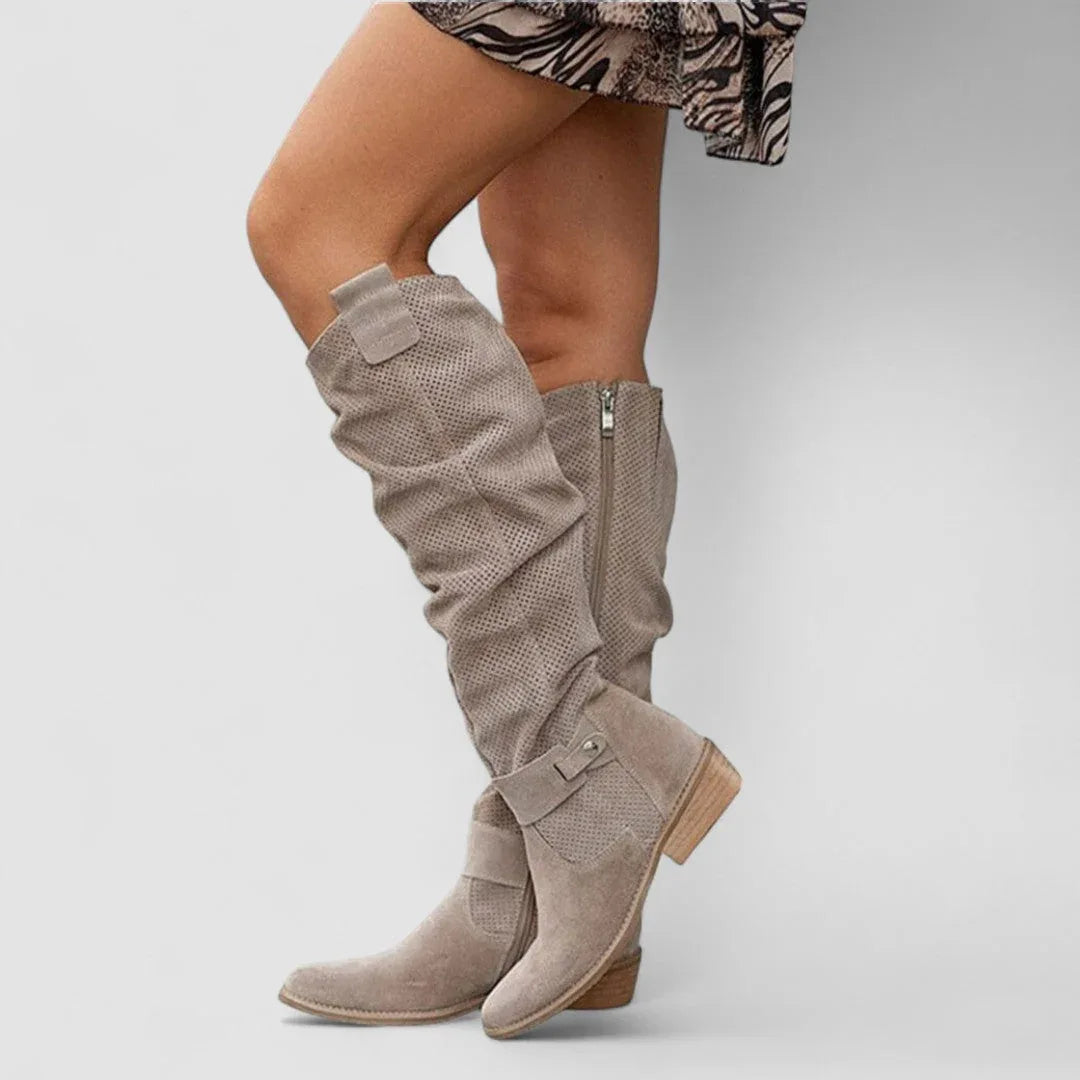 Augusta | Perforated Slouch Knee-High Boots, colour Taupe