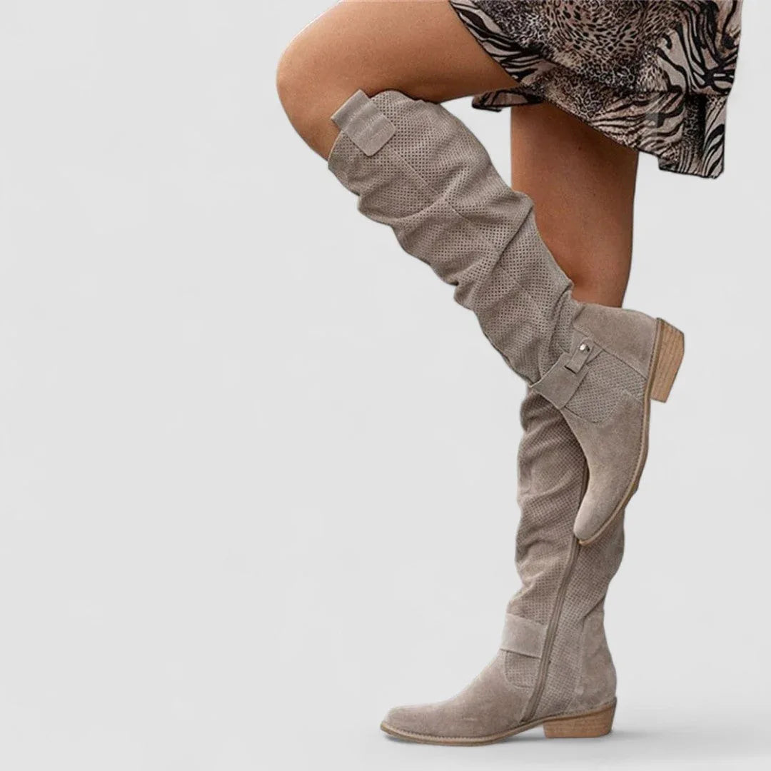 Augusta | Perforated Slouch Knee-High Boots, colour Taupe