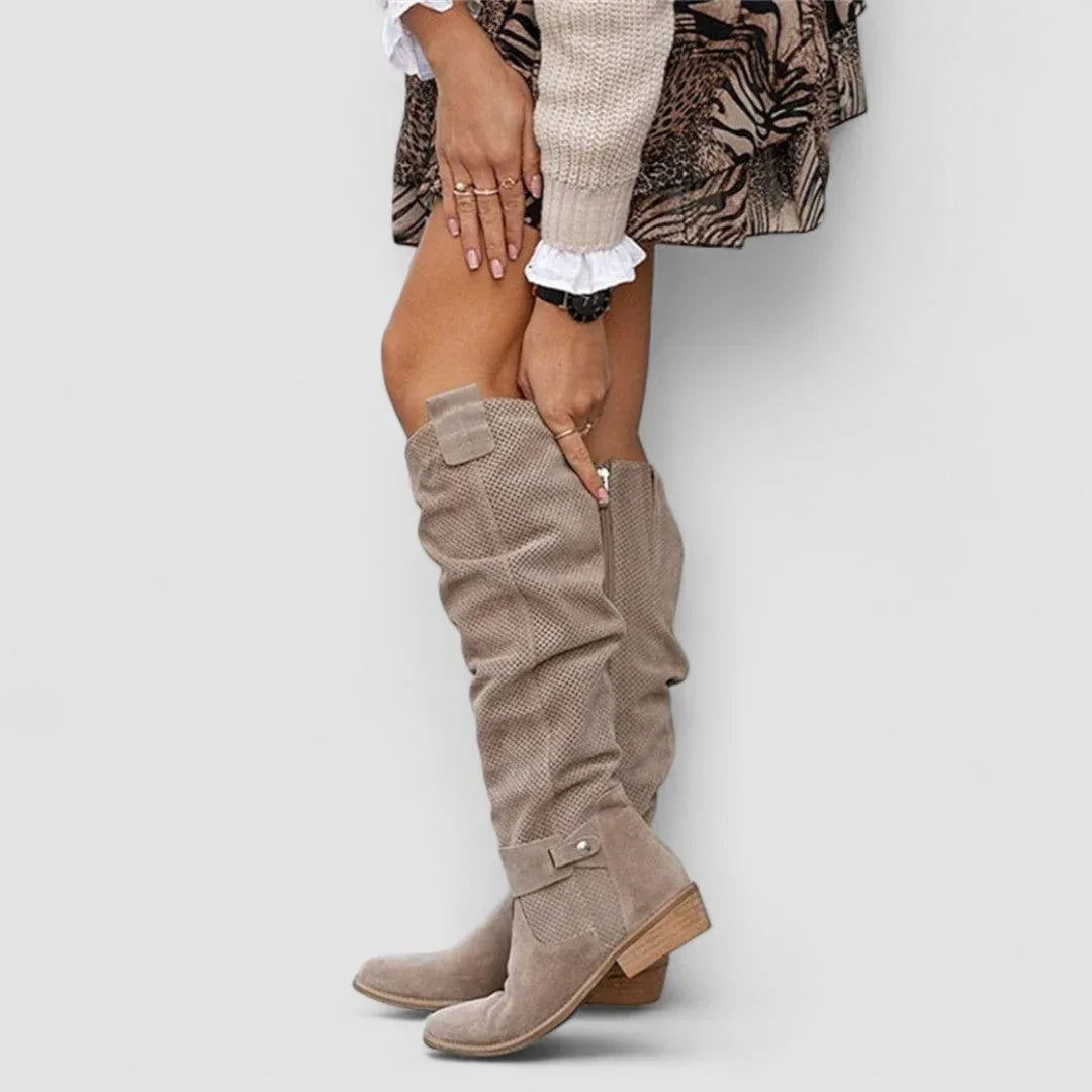 Augusta | Perforated Slouch Knee-High Boots, colour Taupe