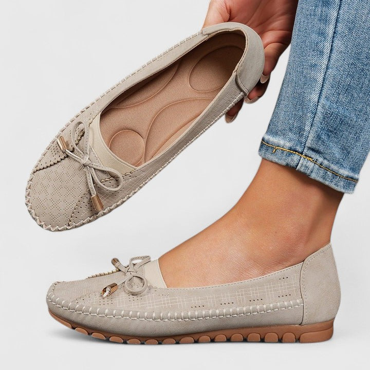 Ava | Perforated Bow Moccasin Flats, colour Beige