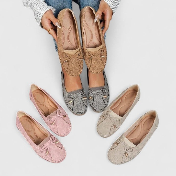Ava | Perforated Bow Moccasin Flats, colour Beige