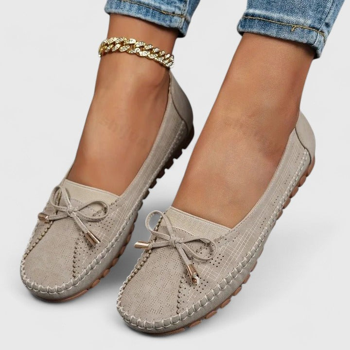 Ava | Perforated Bow Moccasin Flats, colour Beige