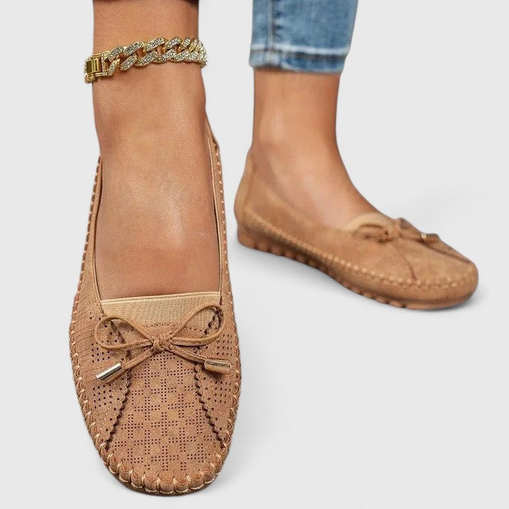 Ava | Perforated Bow Moccasin Flats, colour Brown
