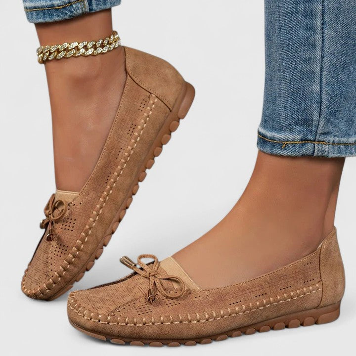 Ava | Perforated Bow Moccasin Flats, colour Brown