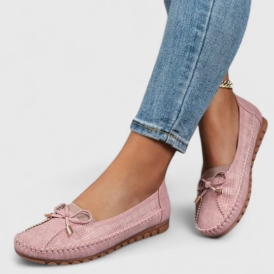 Ava | Perforated Bow Moccasin Flats, colour Pink