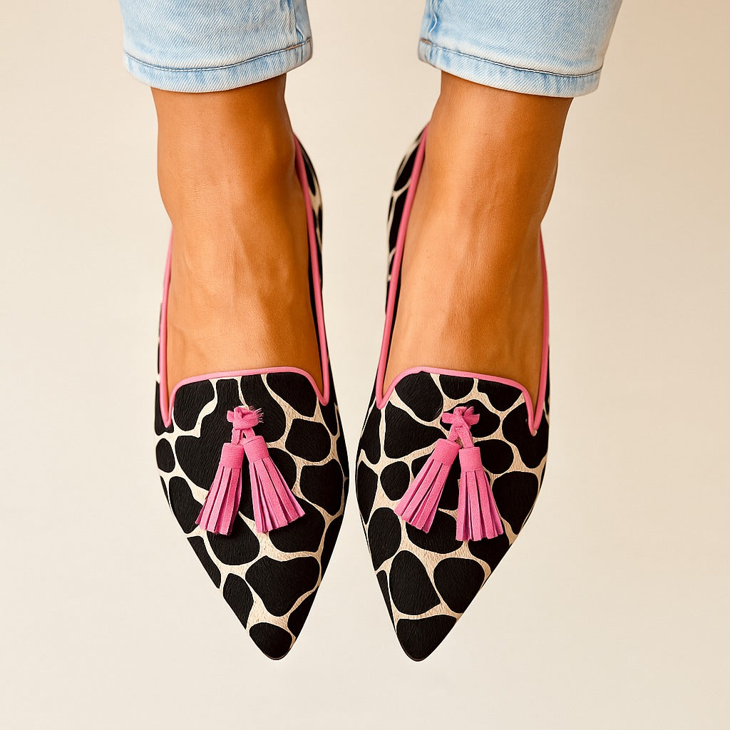 Noor | Cow Print Pointed Tassel Loafers, colour Pink