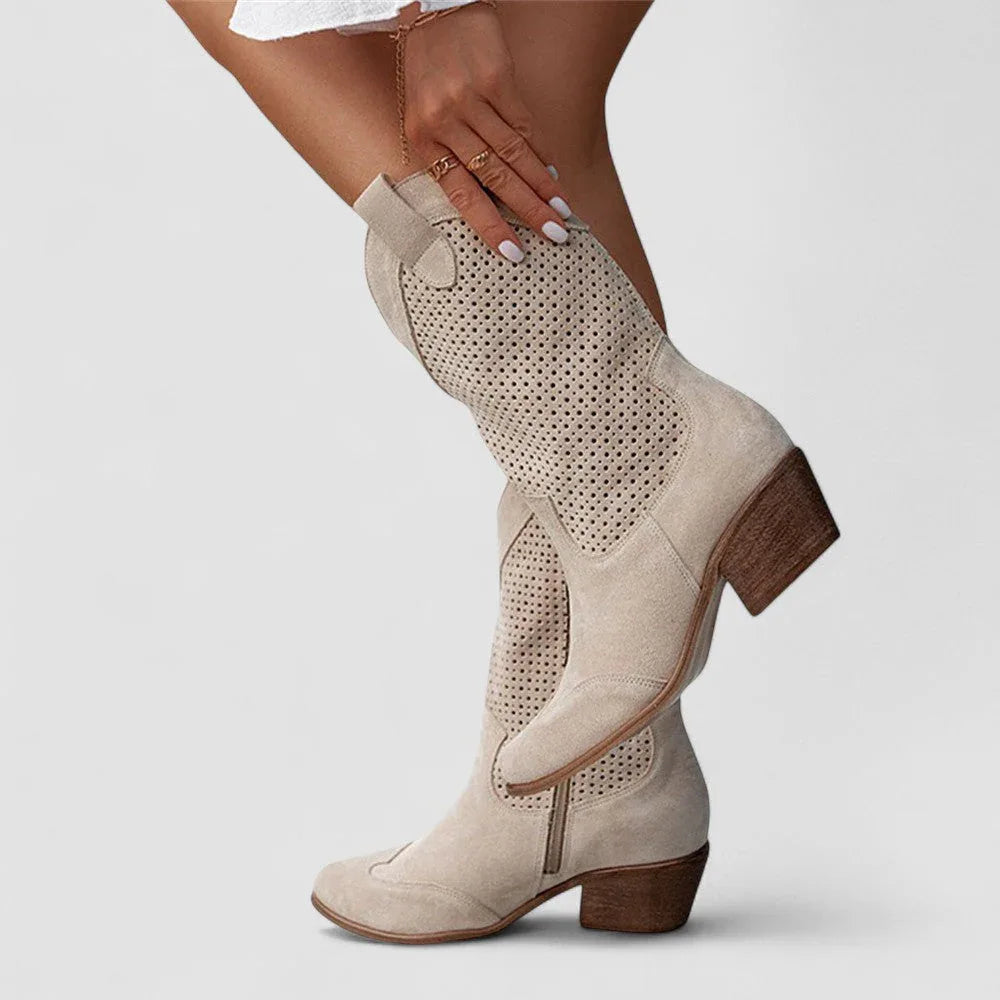 Beatrix | Perforated Suede-Look Western Boots, colour Beige