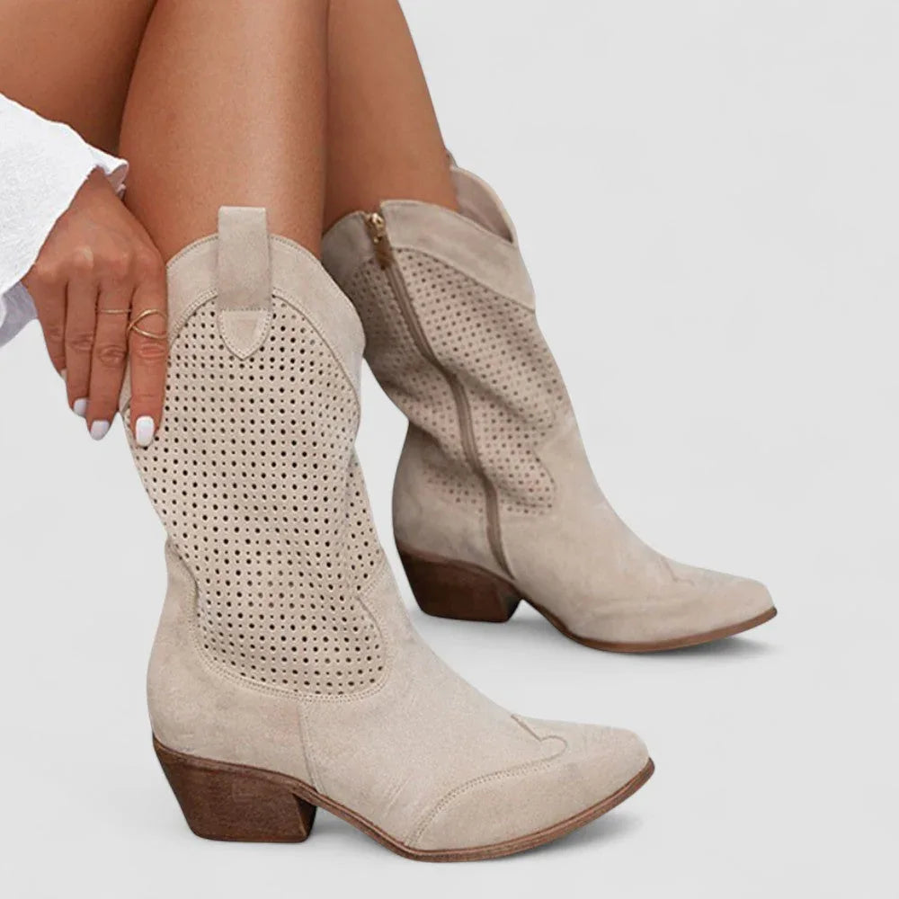 Beatrix | Perforated Suede-Look Western Boots, colour Beige