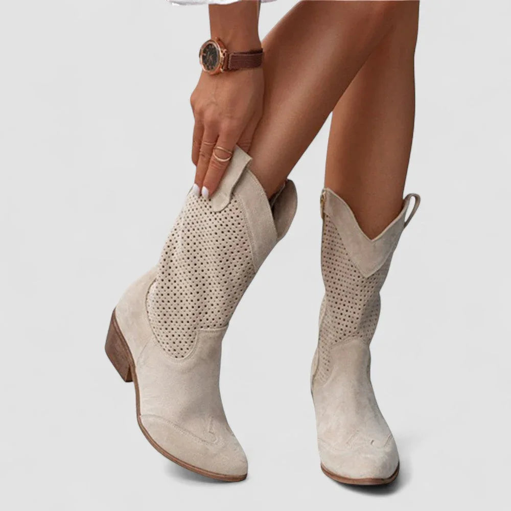 Beatrix | Perforated Suede-Look Western Boots, colour Beige