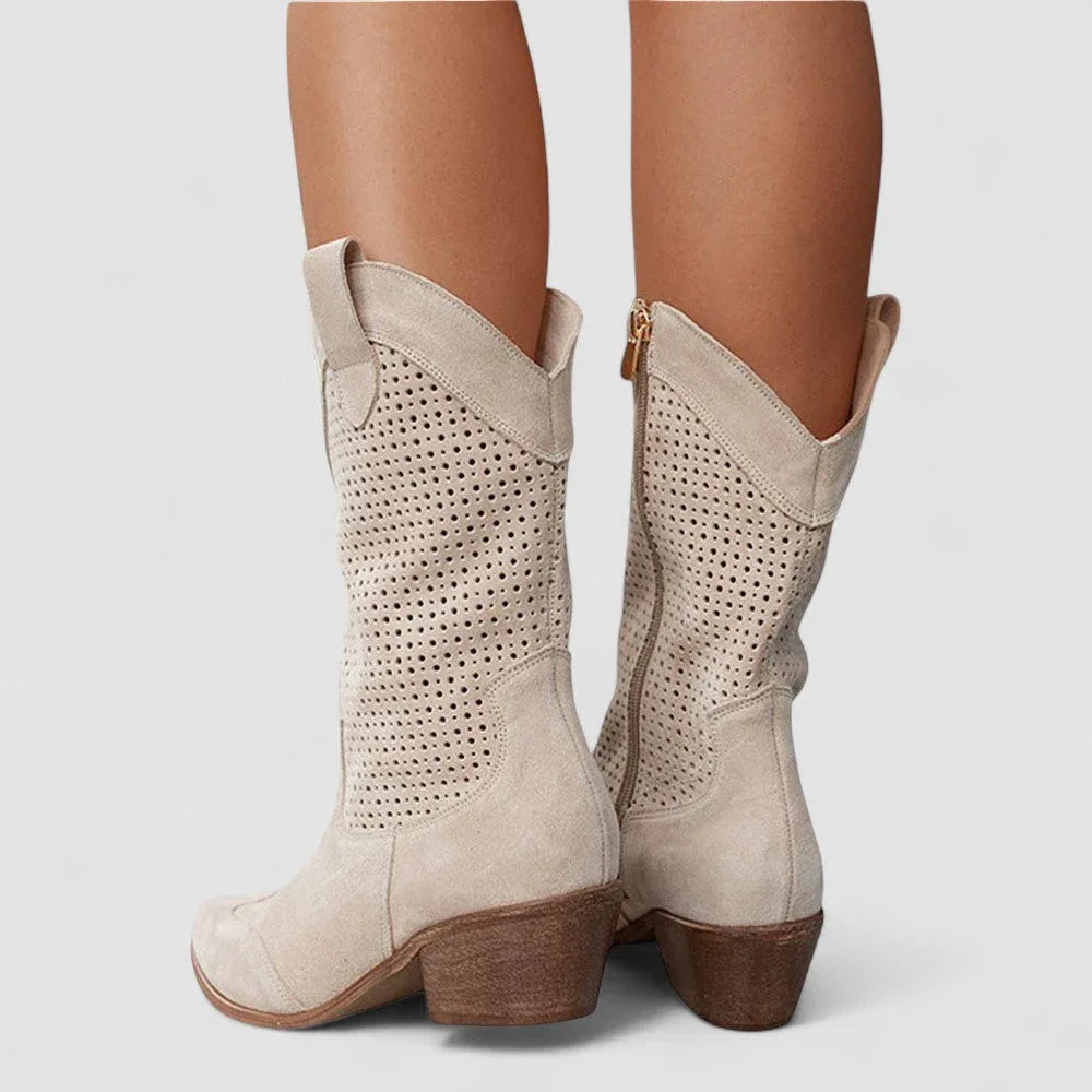 Beatrix | Perforated Suede-Look Western Boots, colour Beige