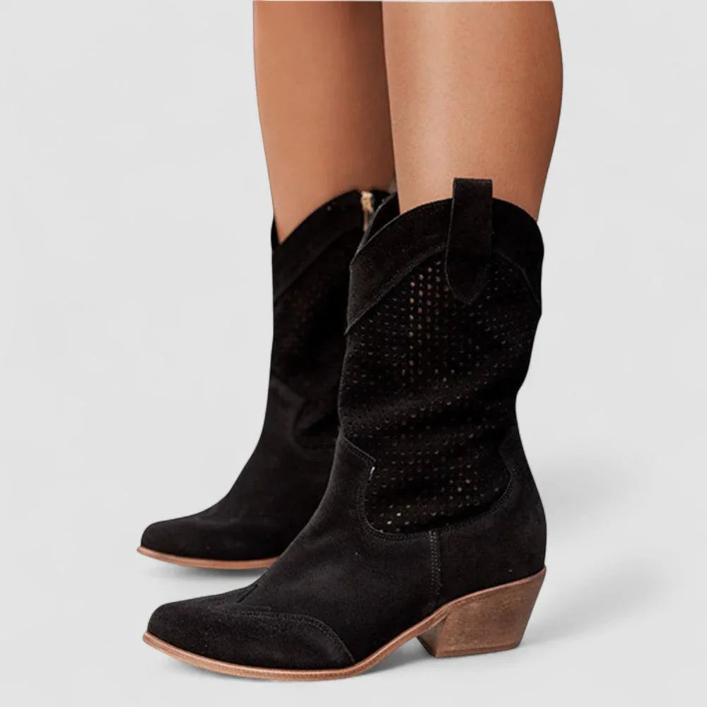 Beatrix | Perforated Suede-Look Western Boots, colour Black