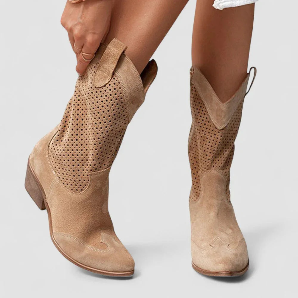 Beatrix | Perforated Suede-Look Western Boots, colour Tan
