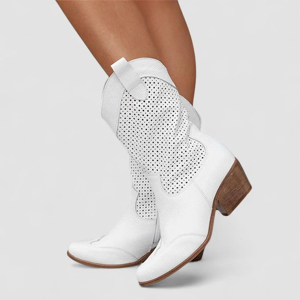 Beatrix | Perforated Suede-Look Western Boots, colour White