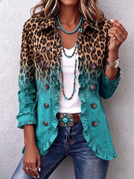 Beckie | Turquoise Leopard Ombre Ruffle Blazer