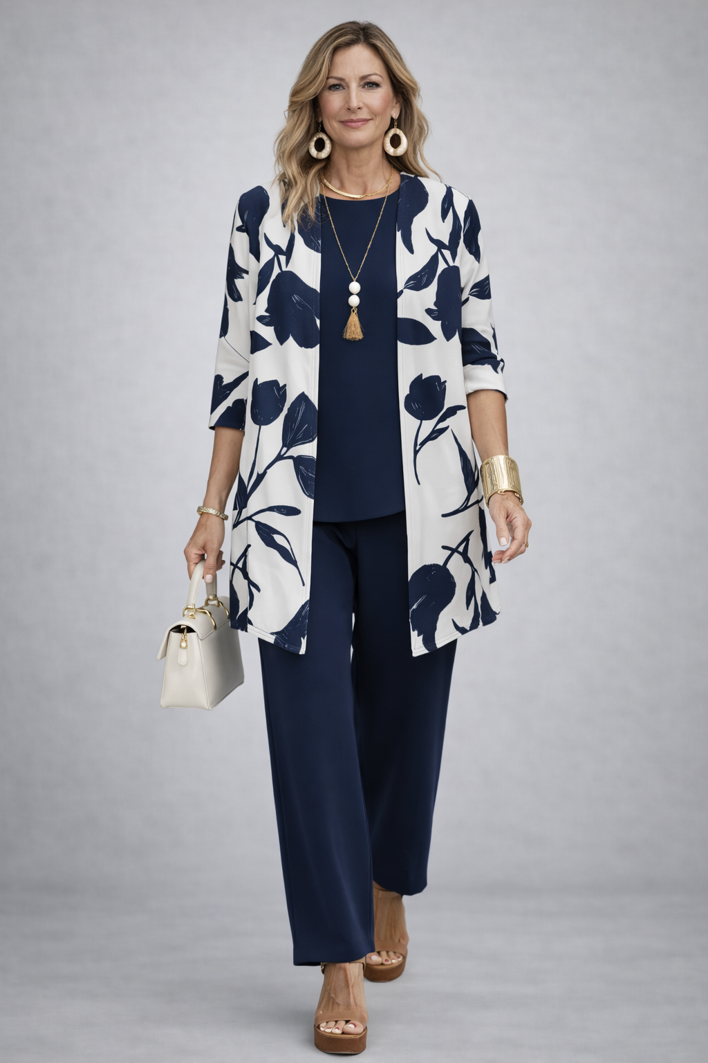 Bertha | Navy Tulip Print Three-Piece Set, colour Blue and White