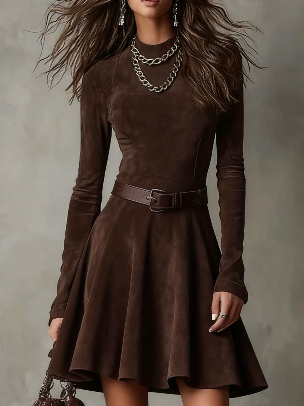 Beryl | Chocolate Suede-Look Flared Mini Dress, colour Chocolate