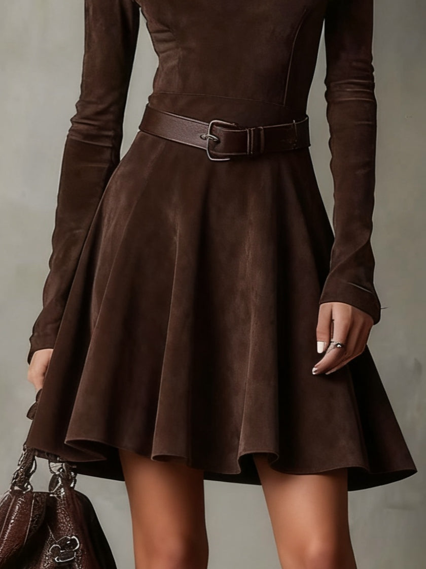 Beryl | Chocolate Suede-Look Flared Mini Dress, colour Chocolate