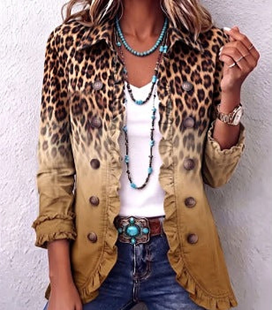 Beverley | Ochre Leopard Ombre Ruffle Blazer, colour Ochre Leopard