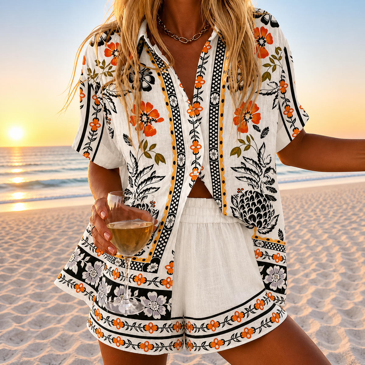 Bijou | Floral Border Print Short Set, colour White Orange