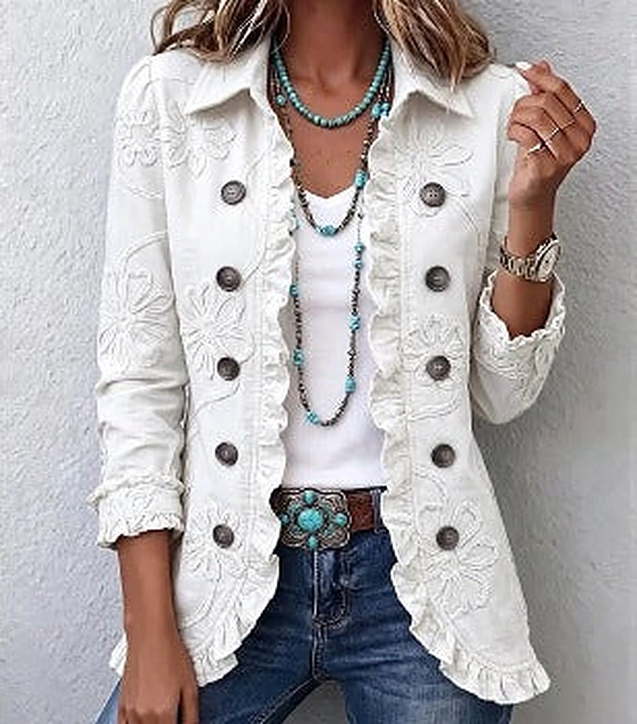 Birdie | Ivory Floral Embroidered Ruffle Jacket, colour Ivory