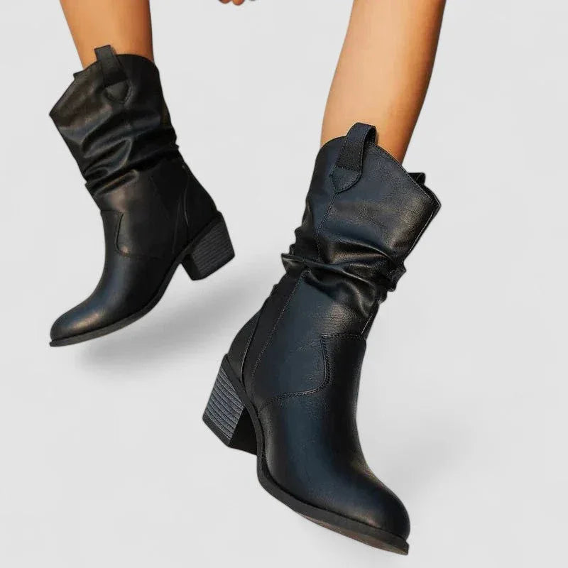 Blythe | Slouch Leather-Look Western Ankle Boots, colour Black