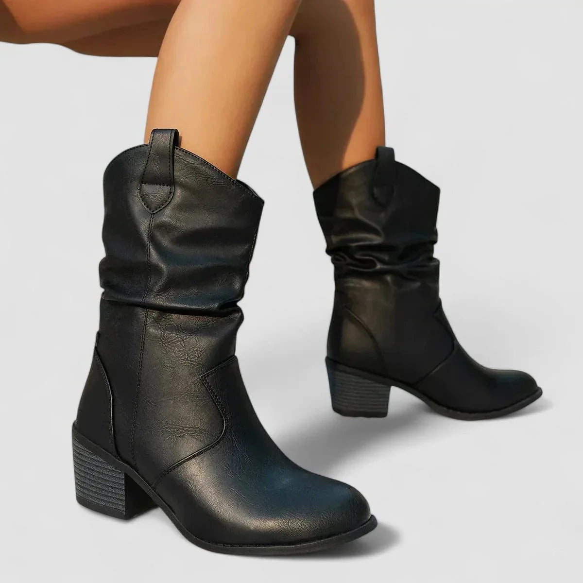 Blythe | Slouch Leather-Look Western Ankle Boots, colour Black